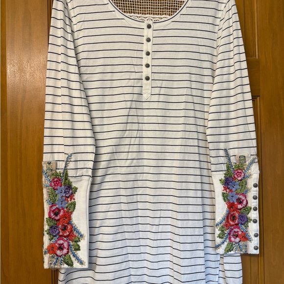 Aratta Silent Journey Tops - Floral Embroidered Striped Long Sleeve Top